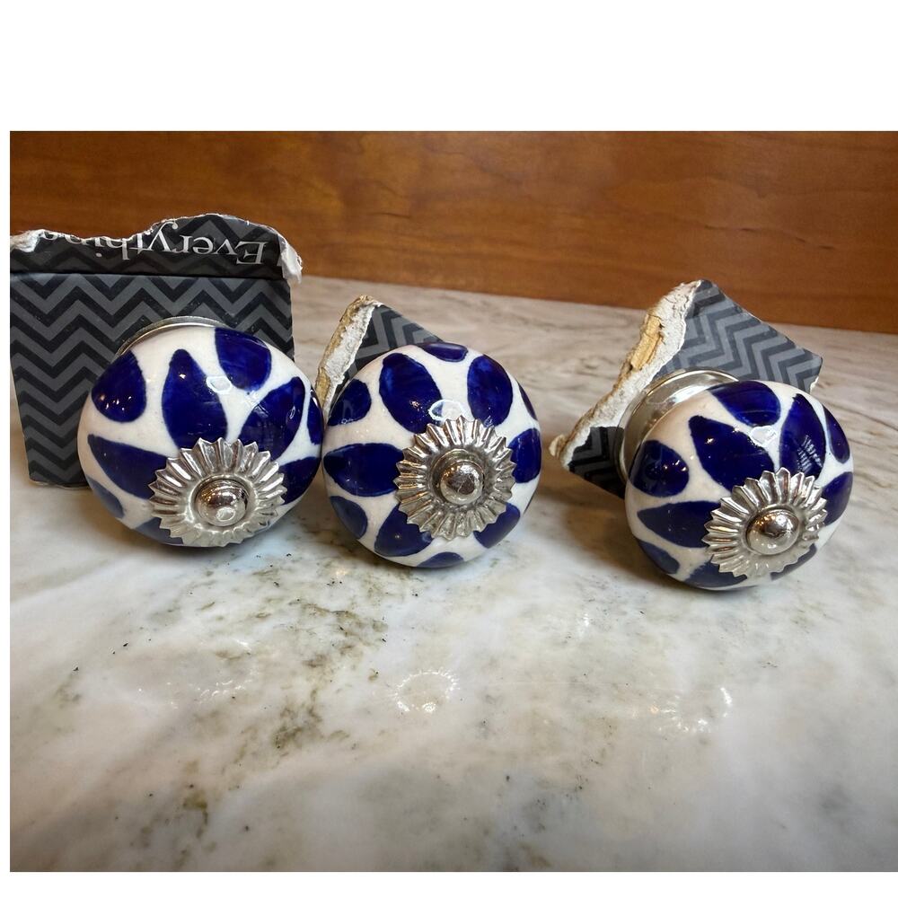 Ceramic Cabinet Knobs Handpainted Blue Boho Print Silver Accent